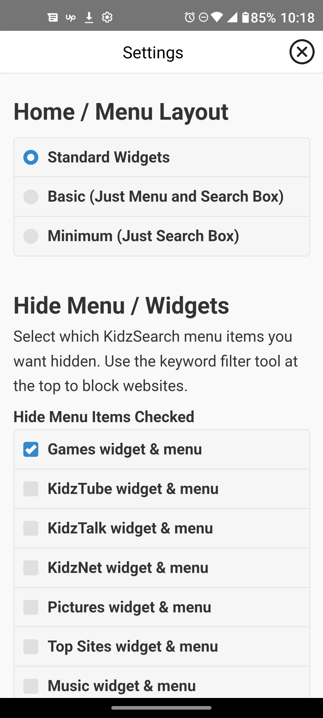 KidzSearch Blocking Widget Controls